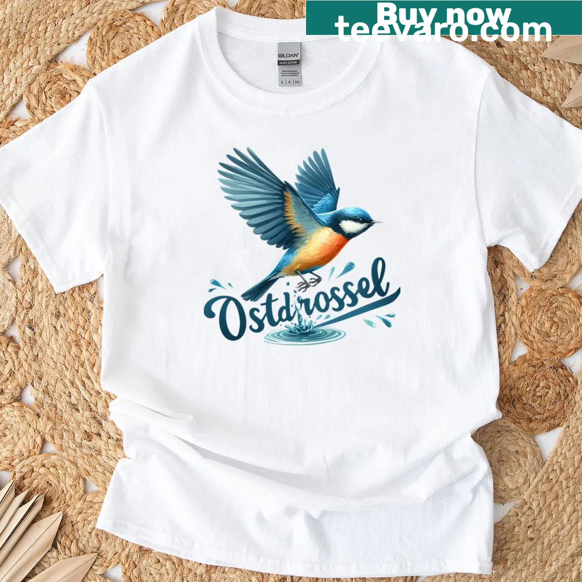 Nature-themed T-shirt with an illustration of the Ostdrossel bird — on a men's t-shirt