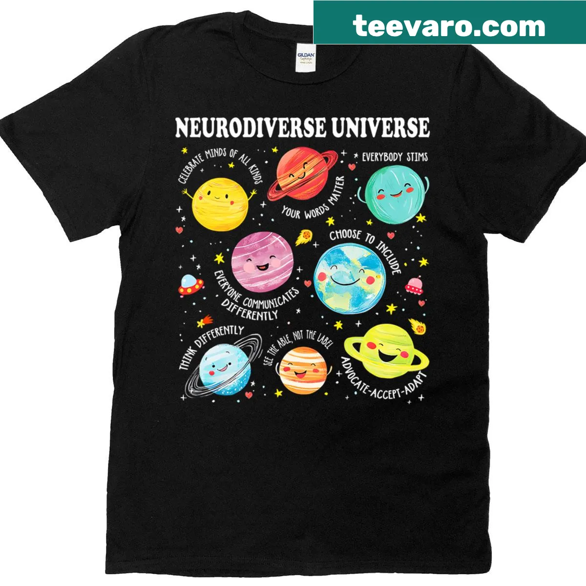 Inspirational graphic for special education teachers with planets and text — on a men's t-shirt