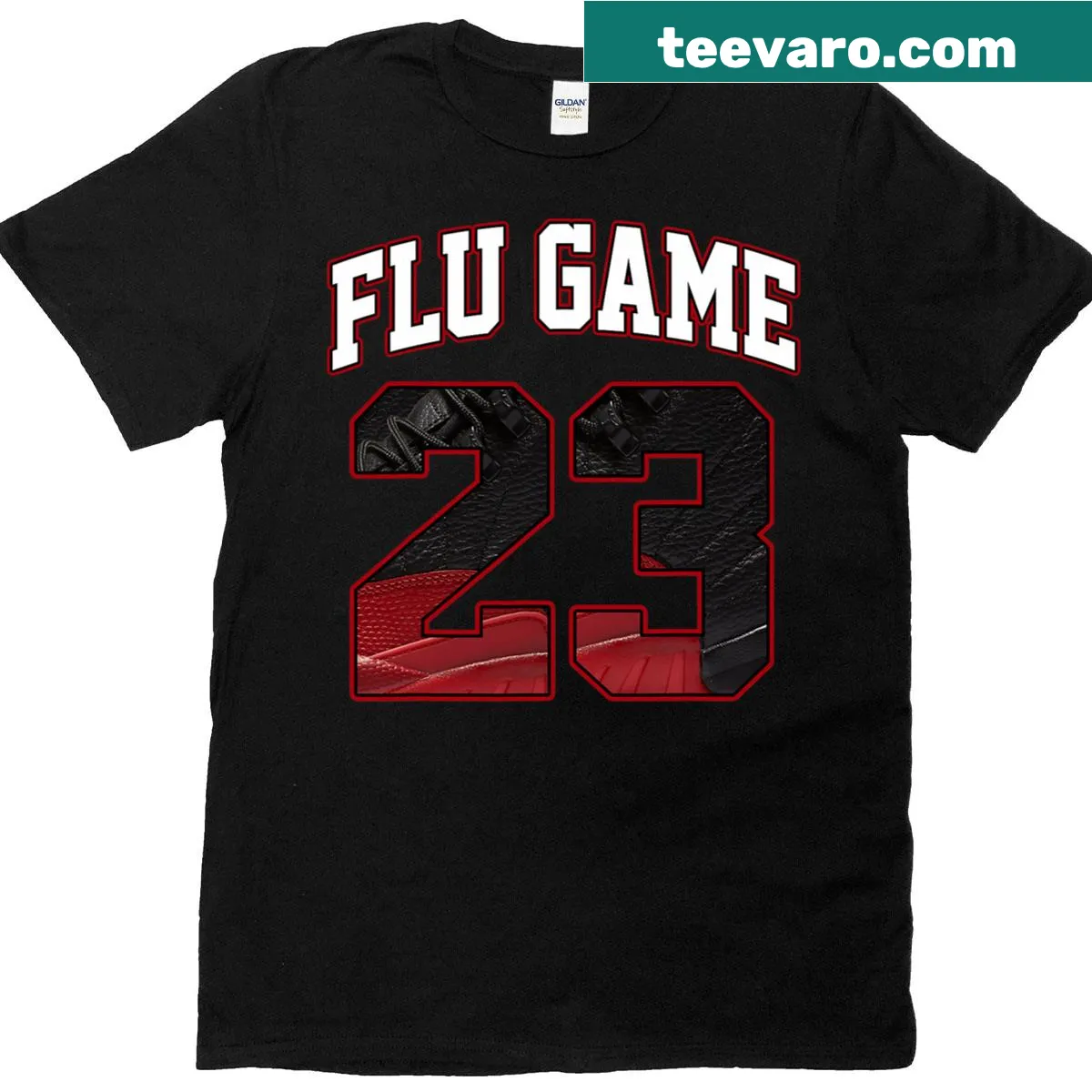 Graphic tee celebrating Number 23 and the Flu Game 12s — on a men's t-shirt