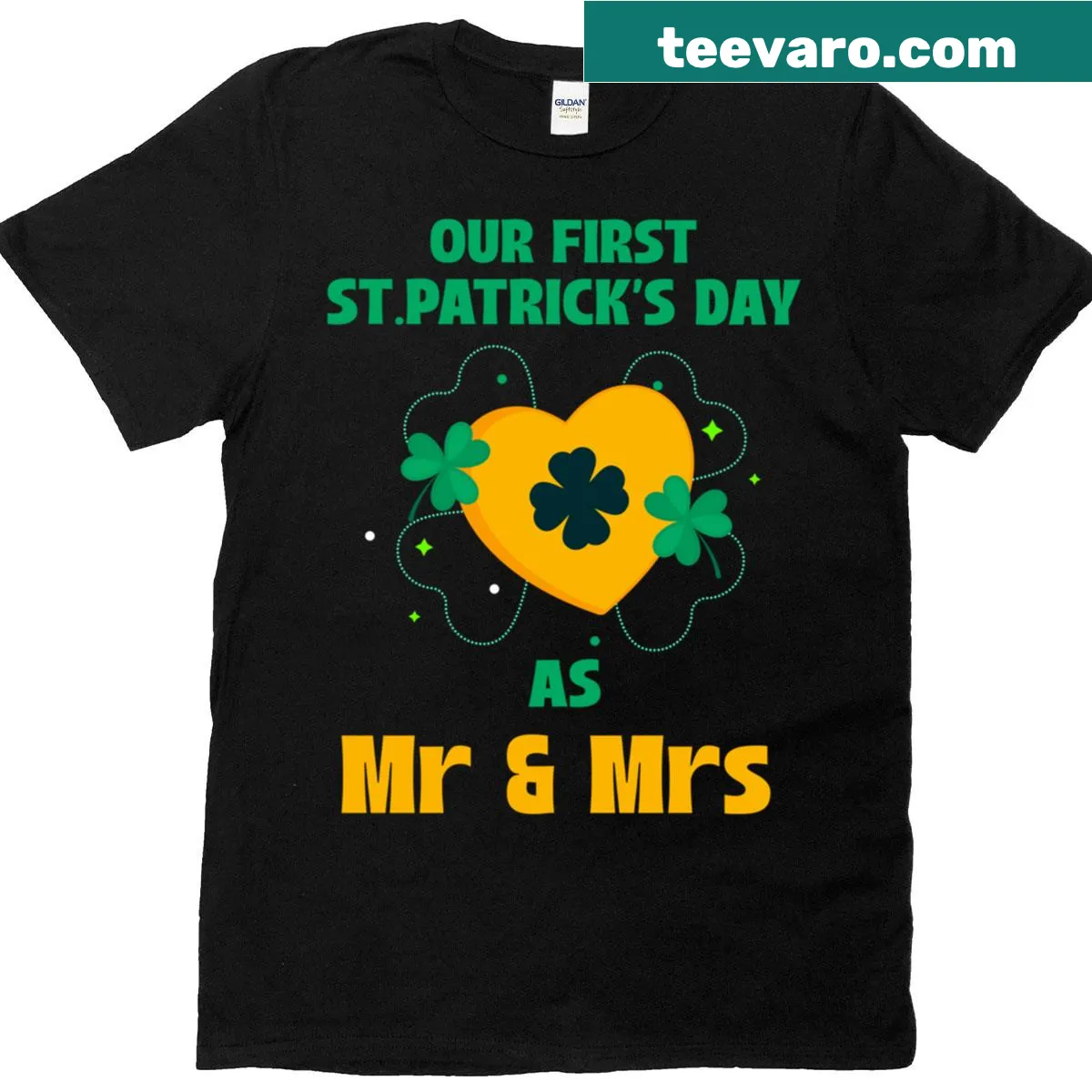 T-shirt celebrating a couple's first St. Patrick's Day as Mr. and Mrs. — on a men's t-shirt