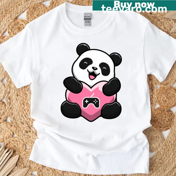 Cute T-shirt featuring a panda enjoying various games