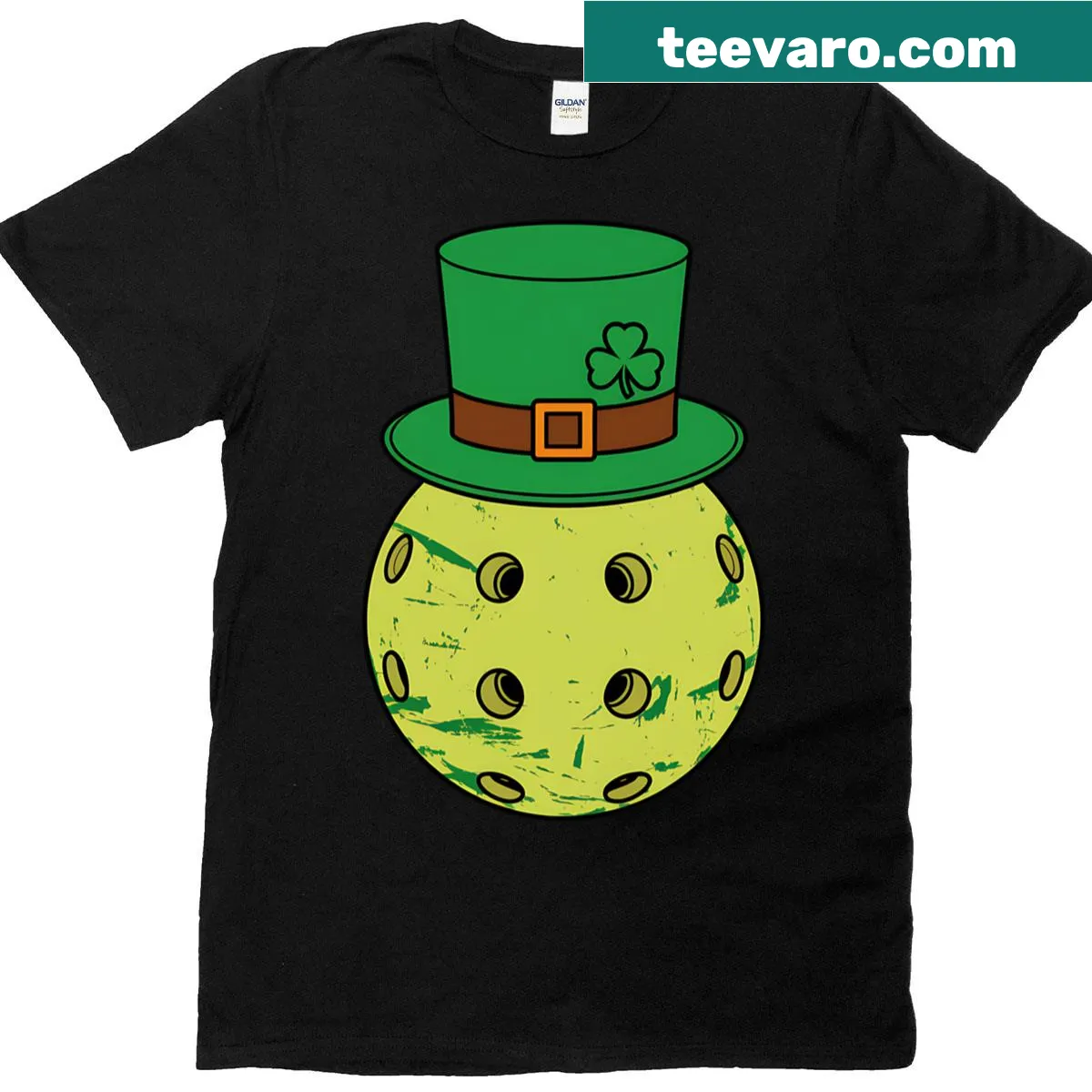 Playful T-shirt with a leprechaun and pickleball design — on a men's t-shirt