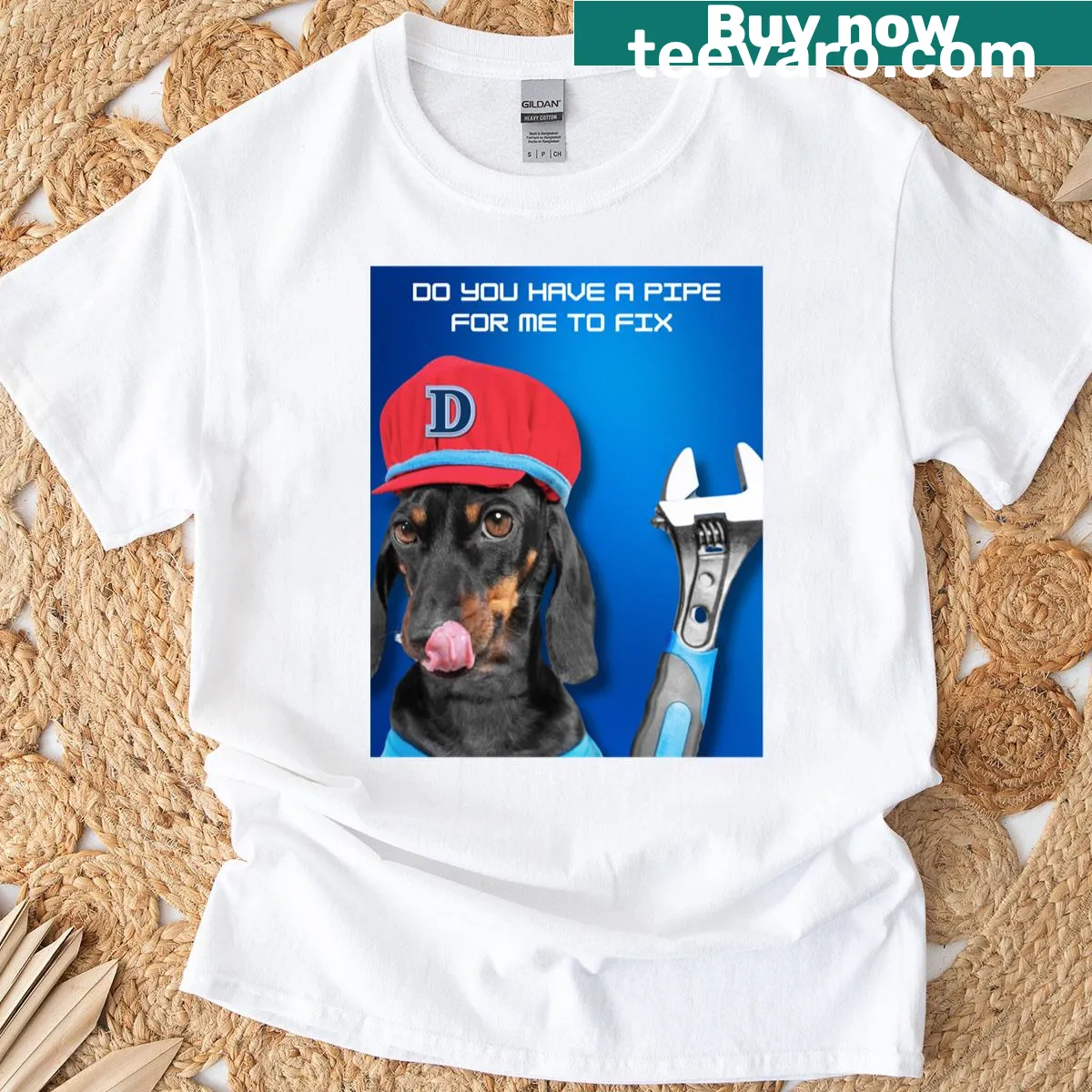 Illustration of a helpful dog with plumbing tools on a t-shirt — on a men's t-shirt