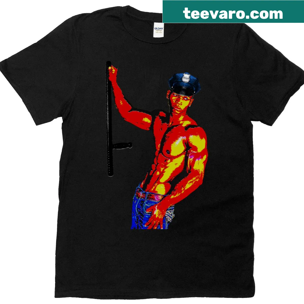 Police Man 7 T-shirt with bold typography — on a men's t-shirt