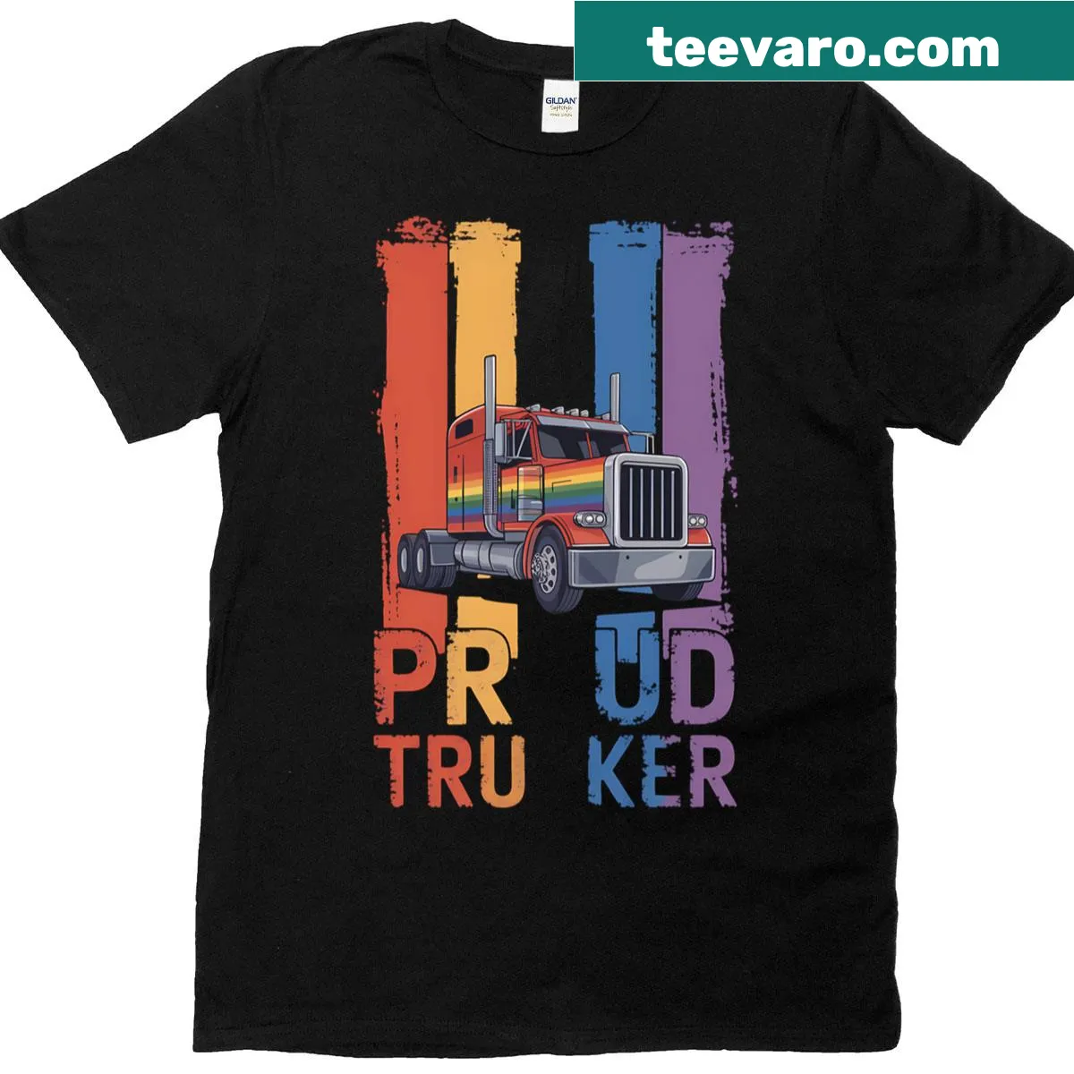Proud trucker t-shirt with rainbow flag design — on a men's t-shirt