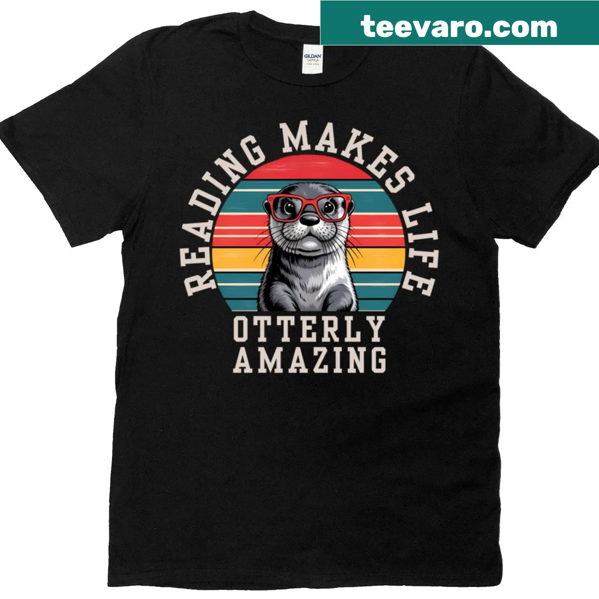 T-shirt featuring an otter and the phrase 'Reading Makes Life Otterly Amazing' — on a men's t-shirt