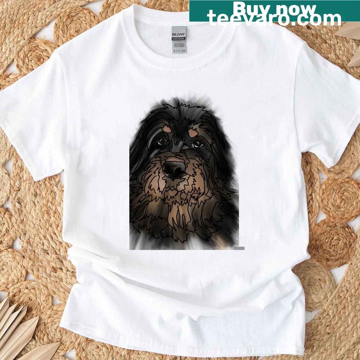 Rottie Chow mix T-shirt with illustration of puppy dog eyes — on a men's t-shirt