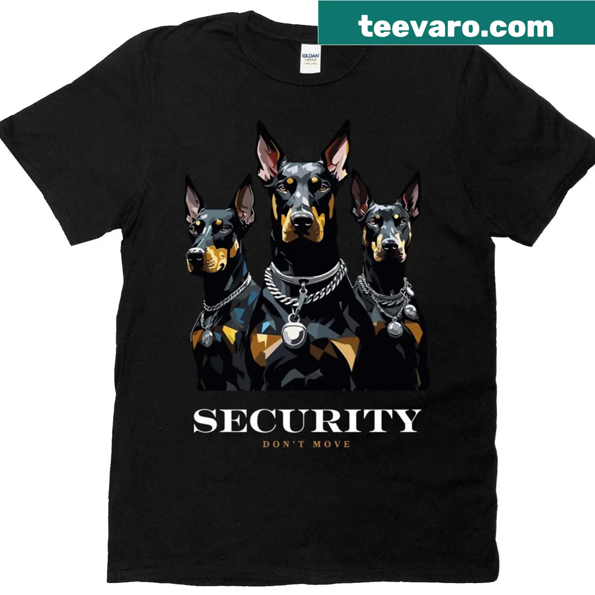 T-shirt with Doberman graphic and security message — on a men's t-shirt