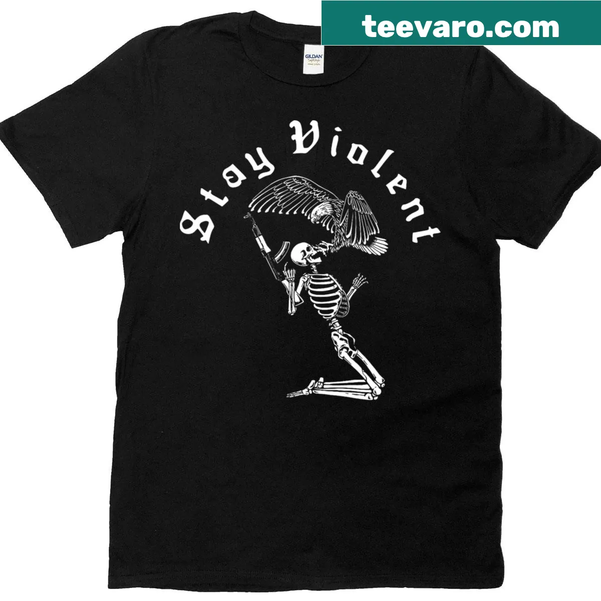 Vintage T-shirt featuring skull design with 'Skeleton Stay Violent' text — on a men's t-shirt