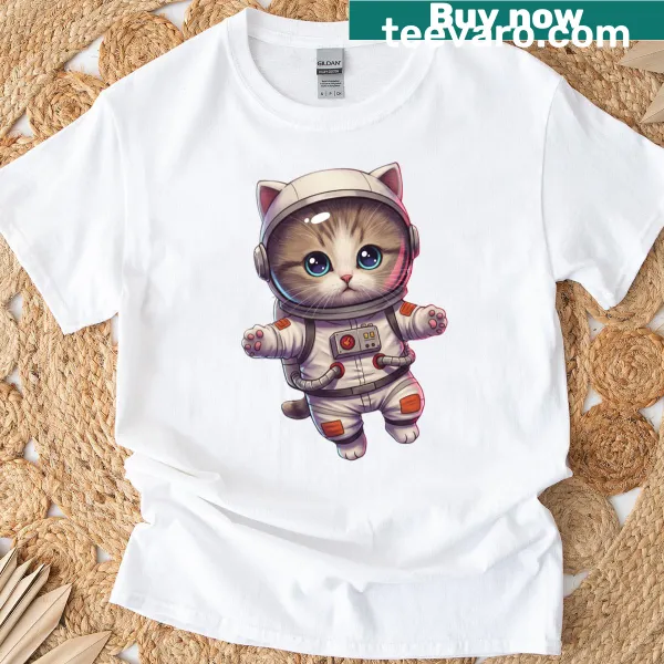 Whimsical Space Kitty T-shirt with a cat in a space helmet among stars