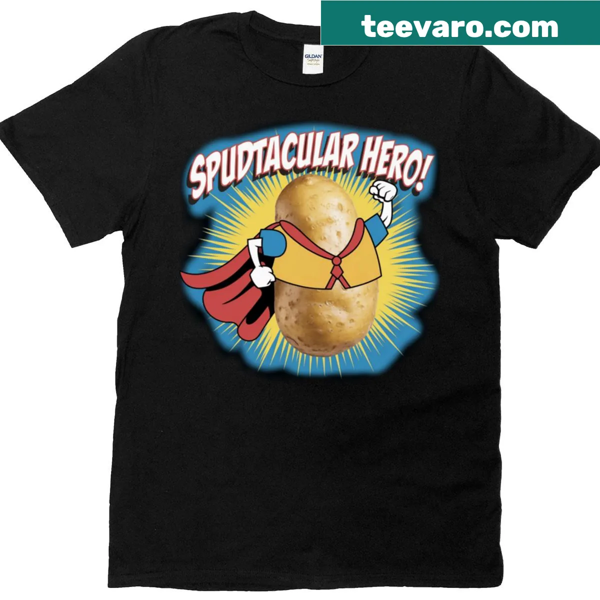 Funny T-shirt featuring a superhero potato cartoon design — on a men's t-shirt