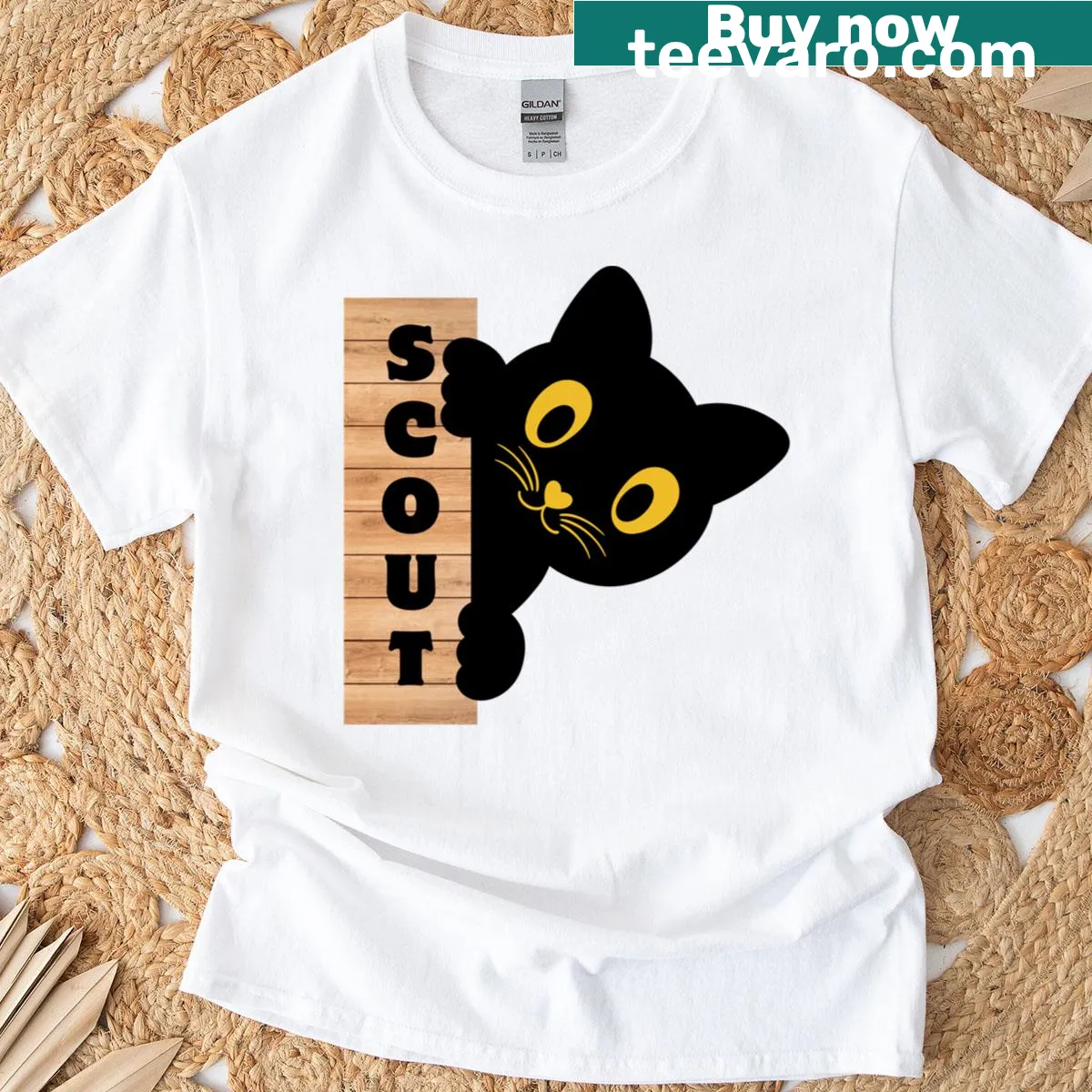 Cartoon T-shirt featuring a spy cat in action — on a men's t-shirt