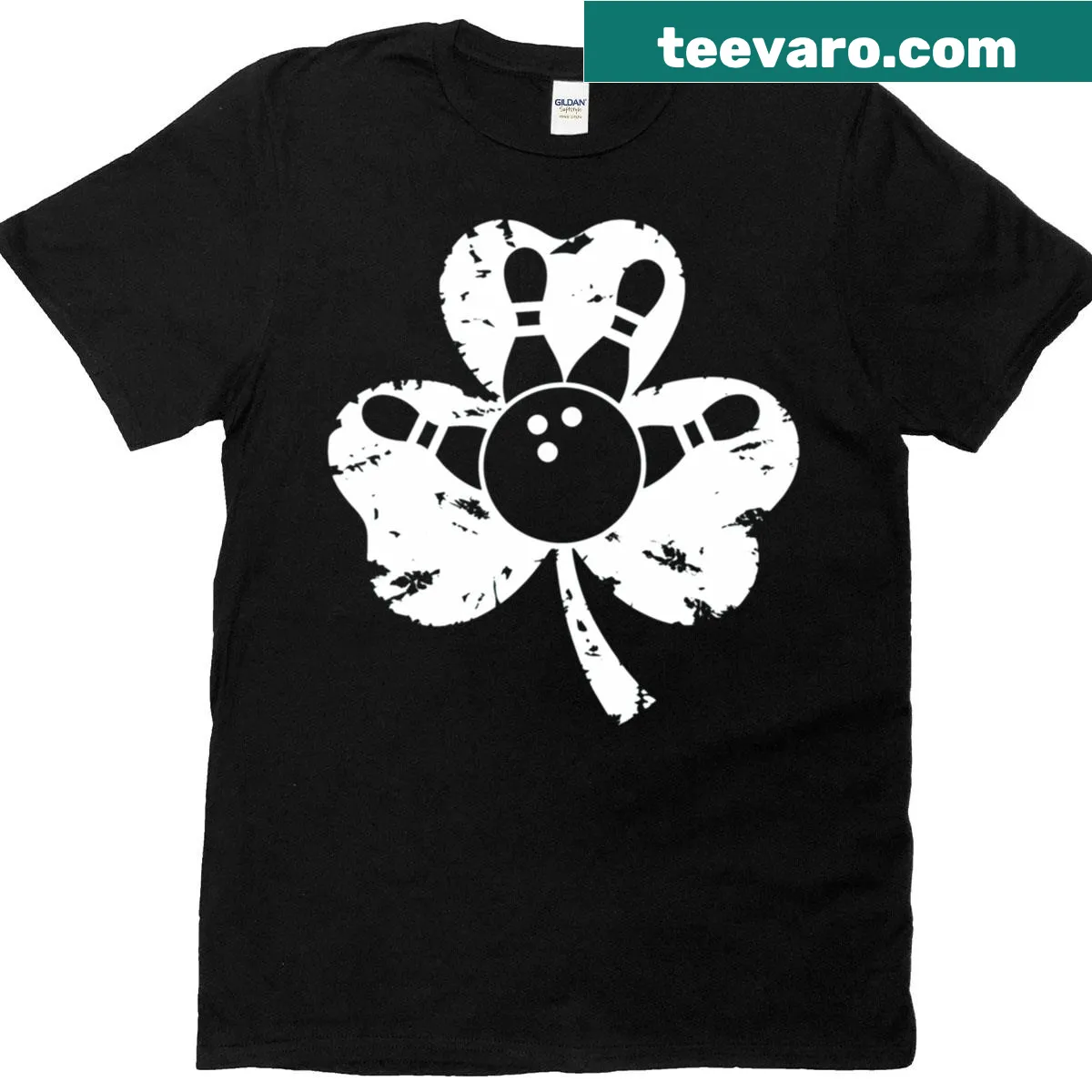 Shamrock-themed St. Patrick's Day bowling T-shirt with bowling graphics — on a men's t-shirt