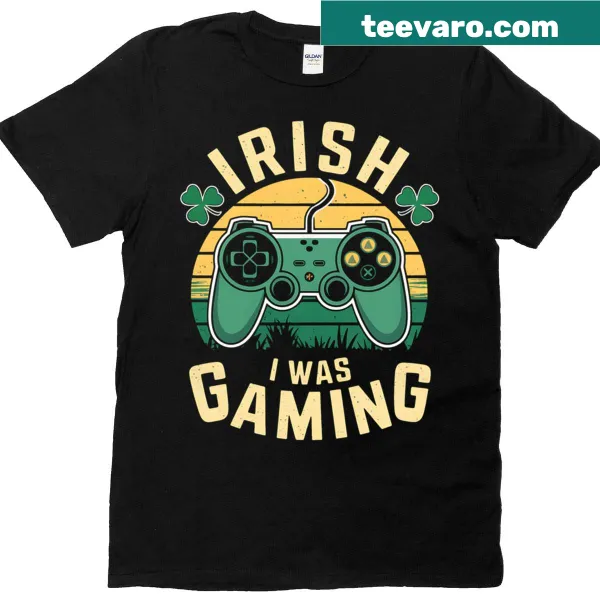 Gamer-themed t-shirt for kids with shamrock and 'I Was Gaming' text