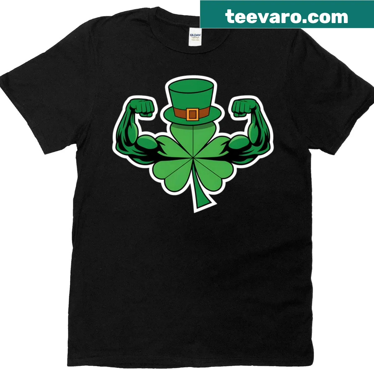 Cute shamrock character with muscles for St. Patrick's Day T-shirt — on a men's t-shirt