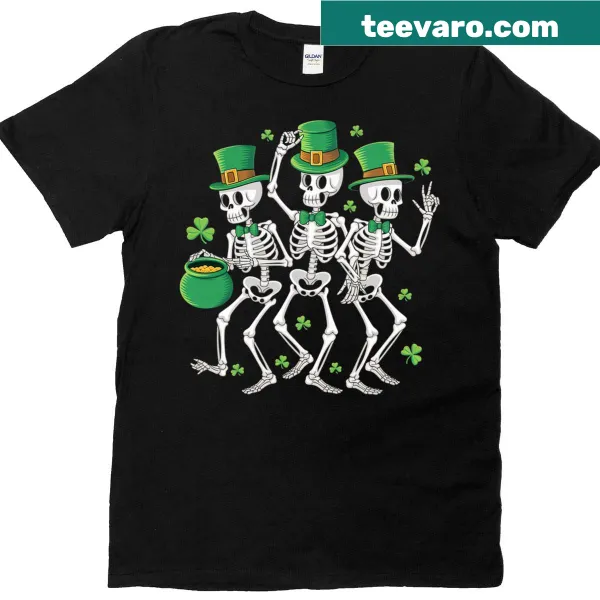 St. Patrick's Day T-shirt with dancing skeletons in festive attire