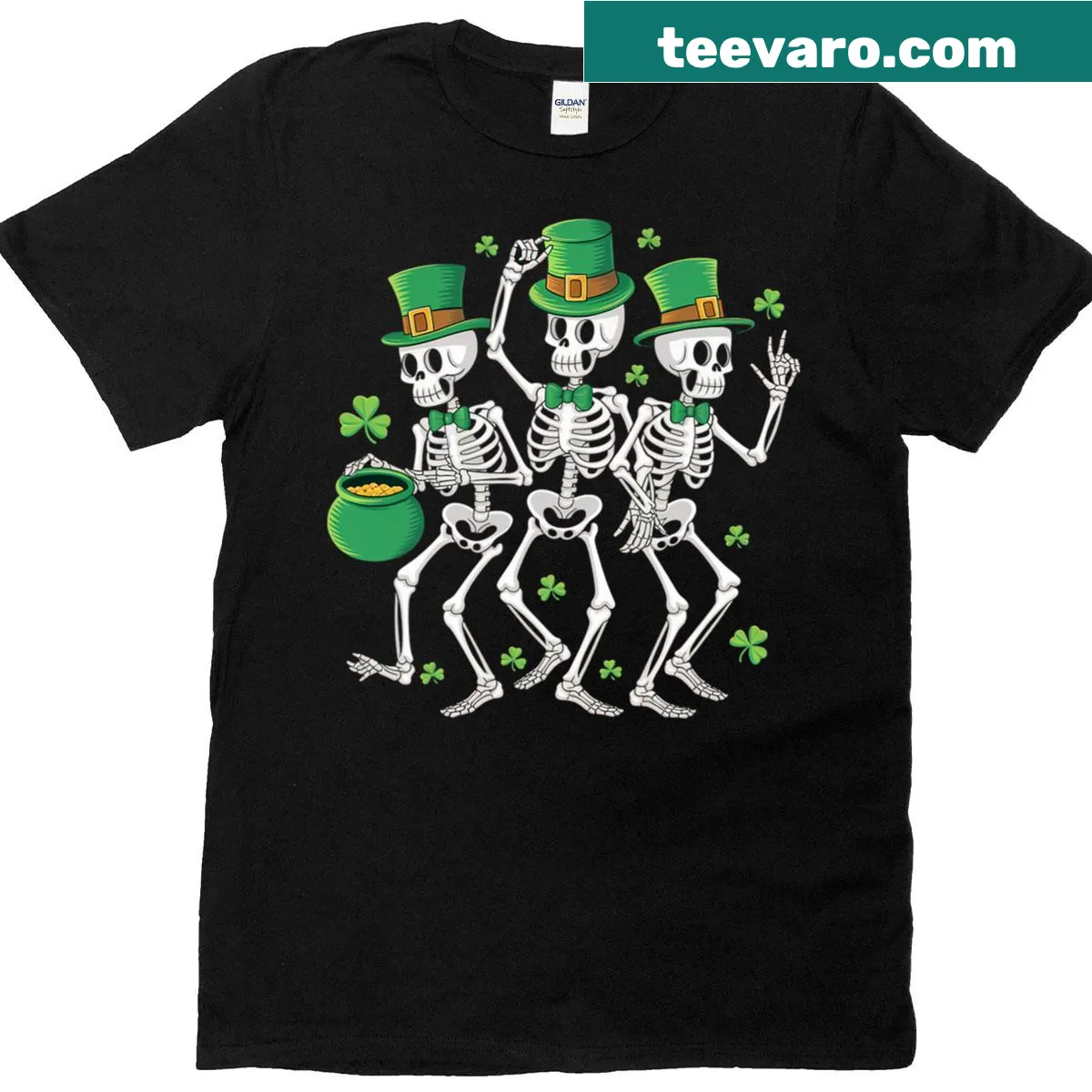 St. Patrick's Day T-shirt with dancing skeletons in festive attire — on a men's t-shirt