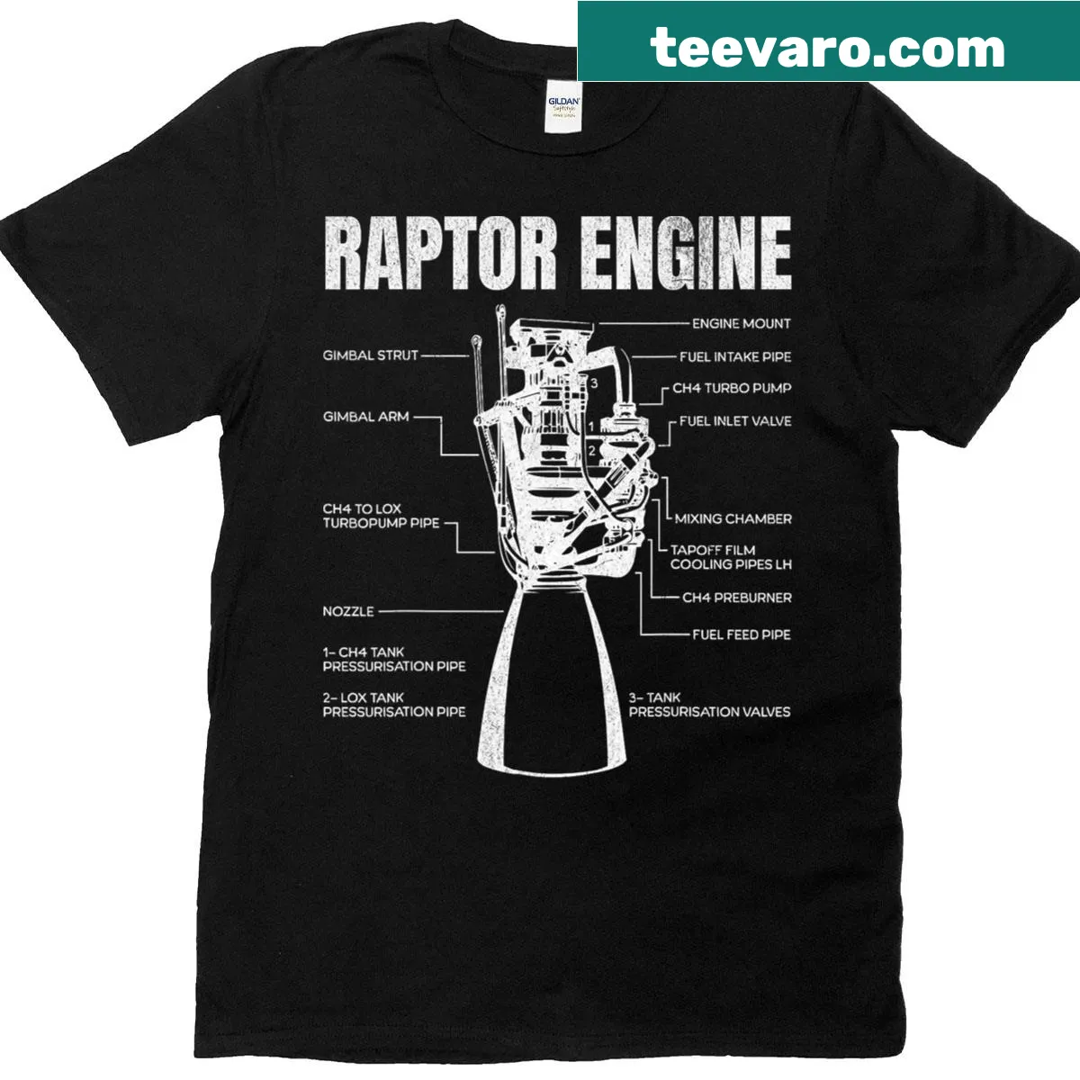 Space-themed Starship Raptor Engine illustration on a t-shirt — on a men's t-shirt