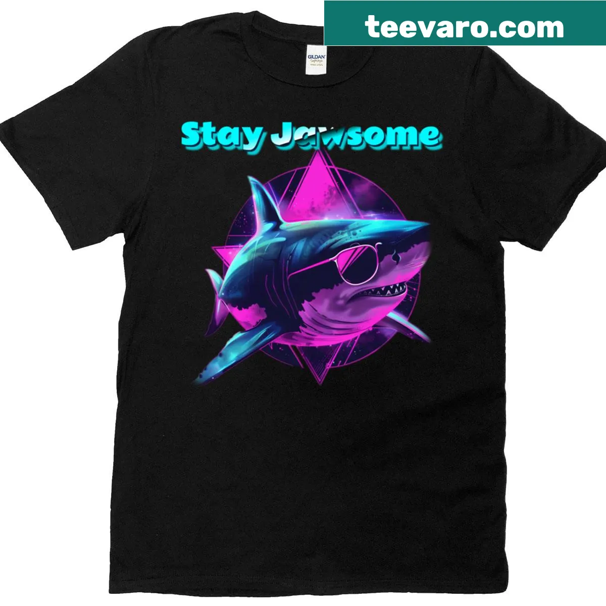Retro 80s shark design with playful typography. — on a men's t-shirt