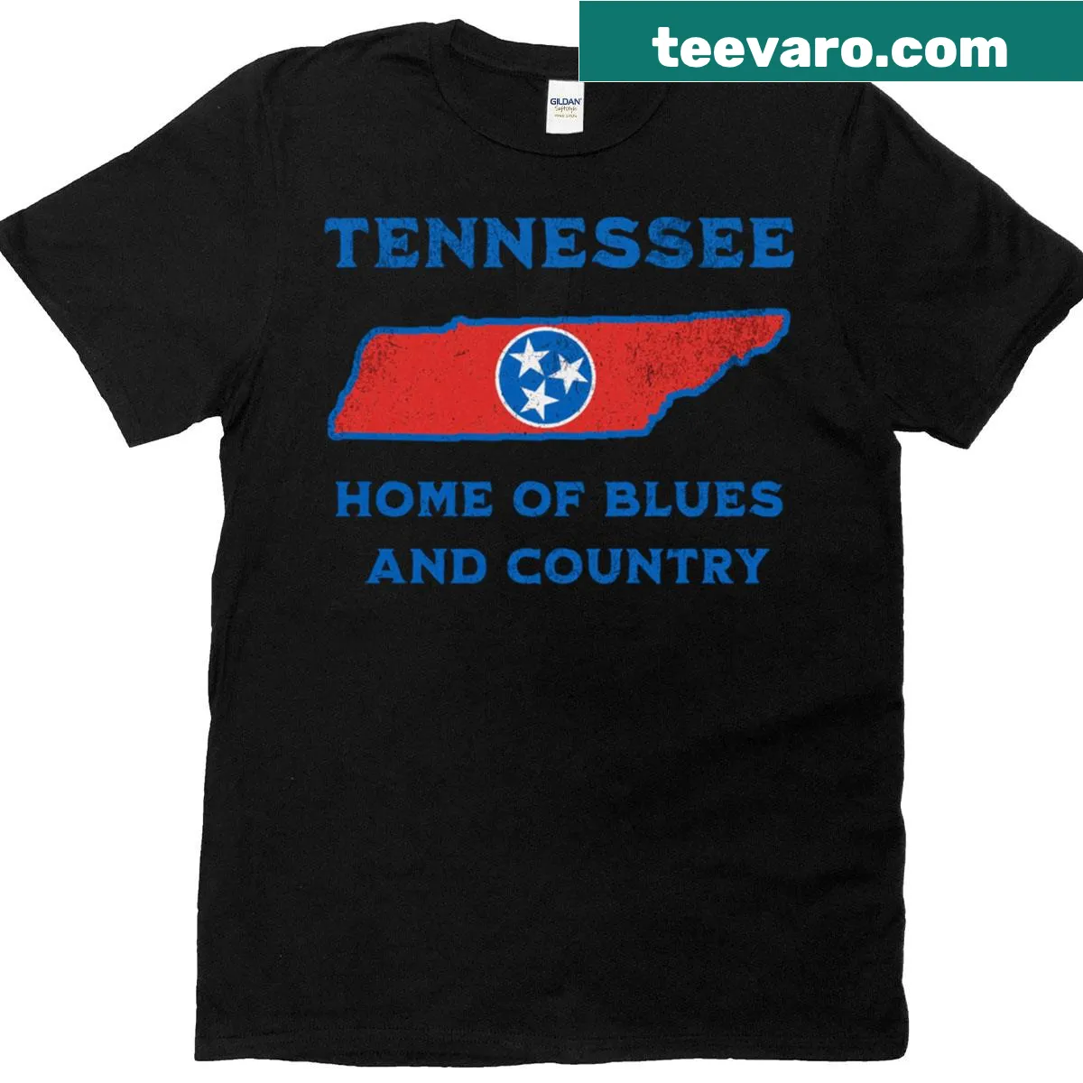 Tennessee Home Of Blues And Country T-shirt with bold typography — on a men's t-shirt