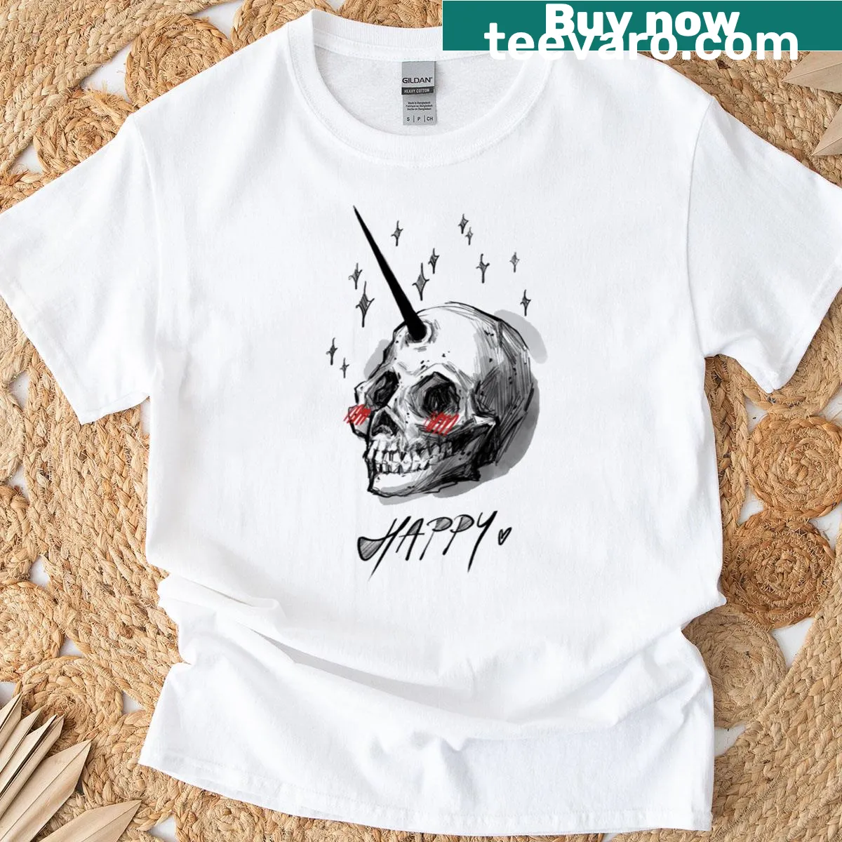 Unicorn skull illustration T-shirt with whimsical and playful design — on a men's t-shirt