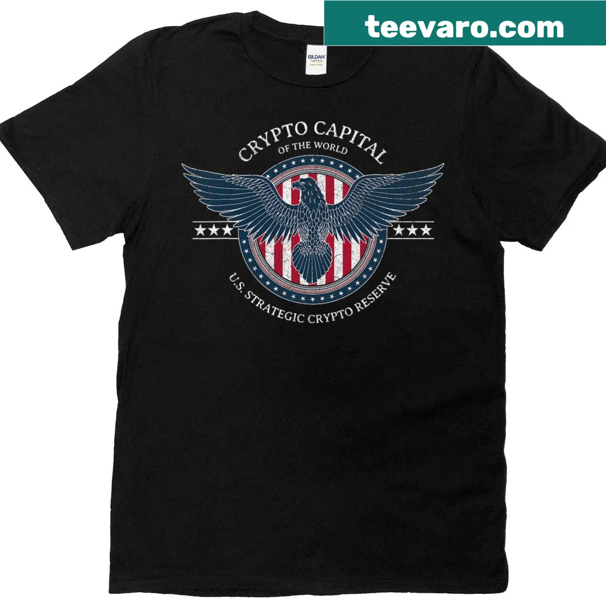 T-shirt featuring typography related to Trump and cryptocurrency — on a men's t-shirt