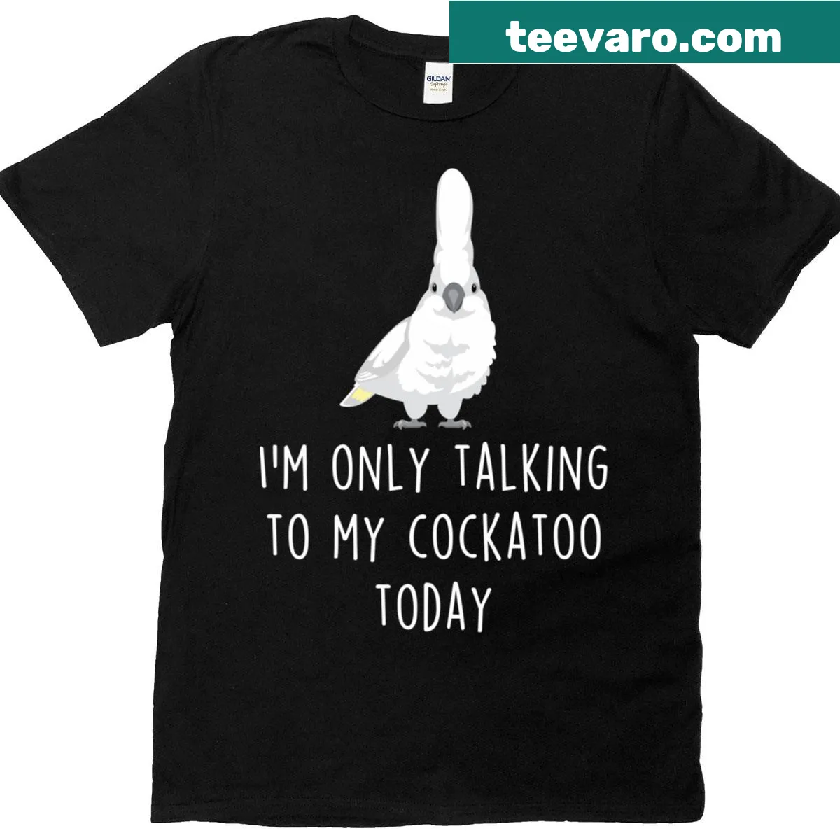 Playful T-shirt featuring a talking Umbrella Cockatoo illustration — on a men's t-shirt