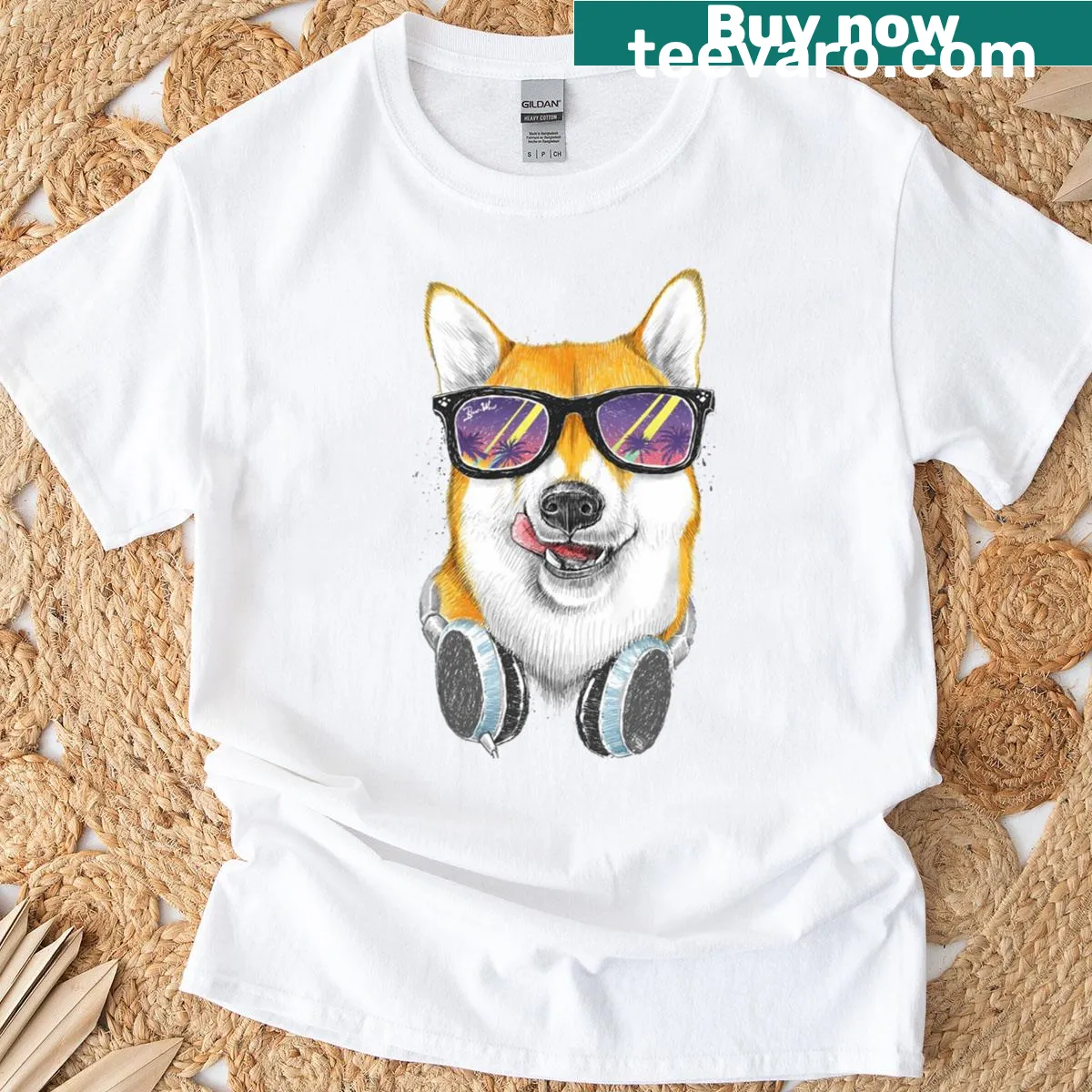 Vintage distressed t-shirt with Shiba Inu in glasses graphic — on a men's t-shirt