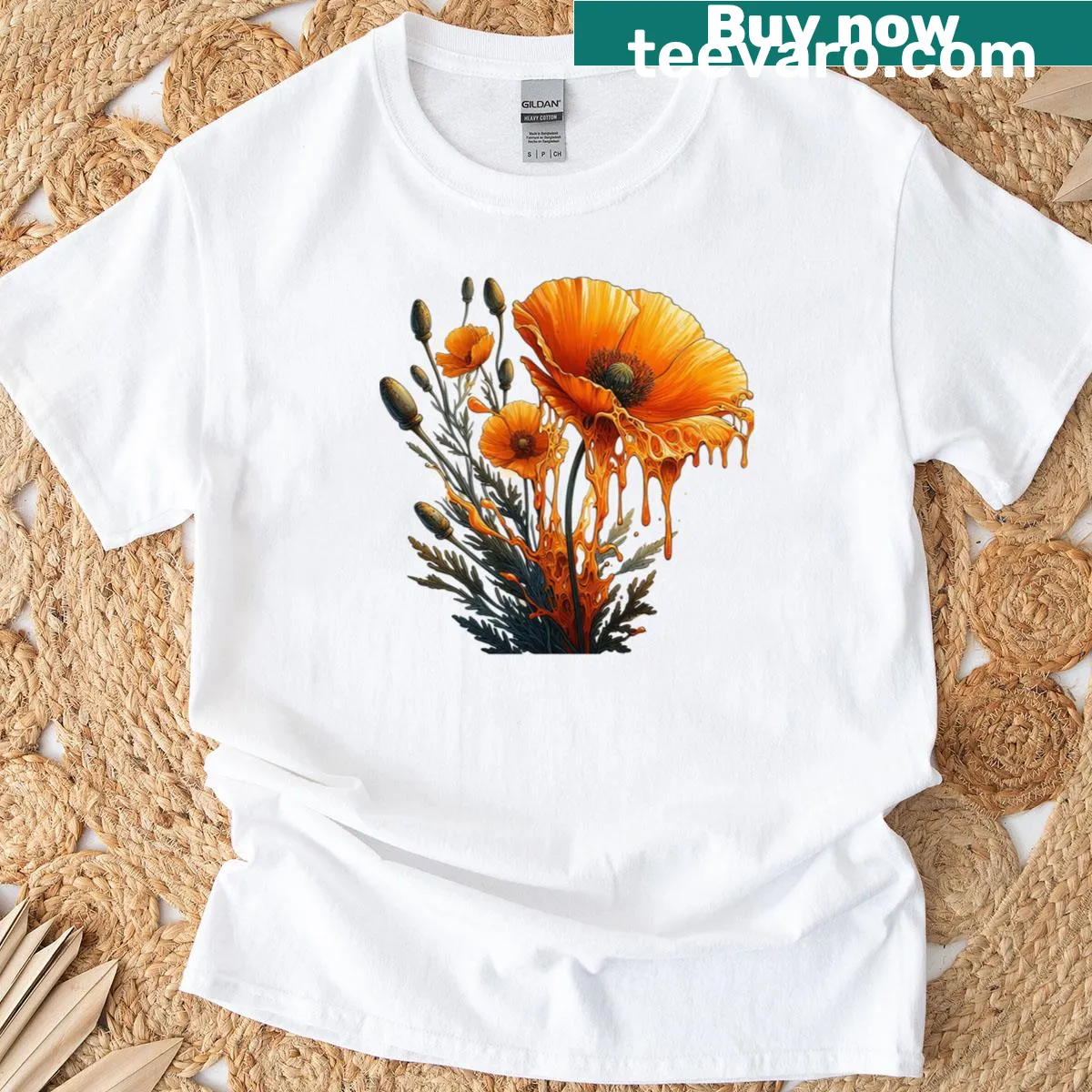 Watercolor orange flower graphic T-shirt for nature lovers — on a men's t-shirt