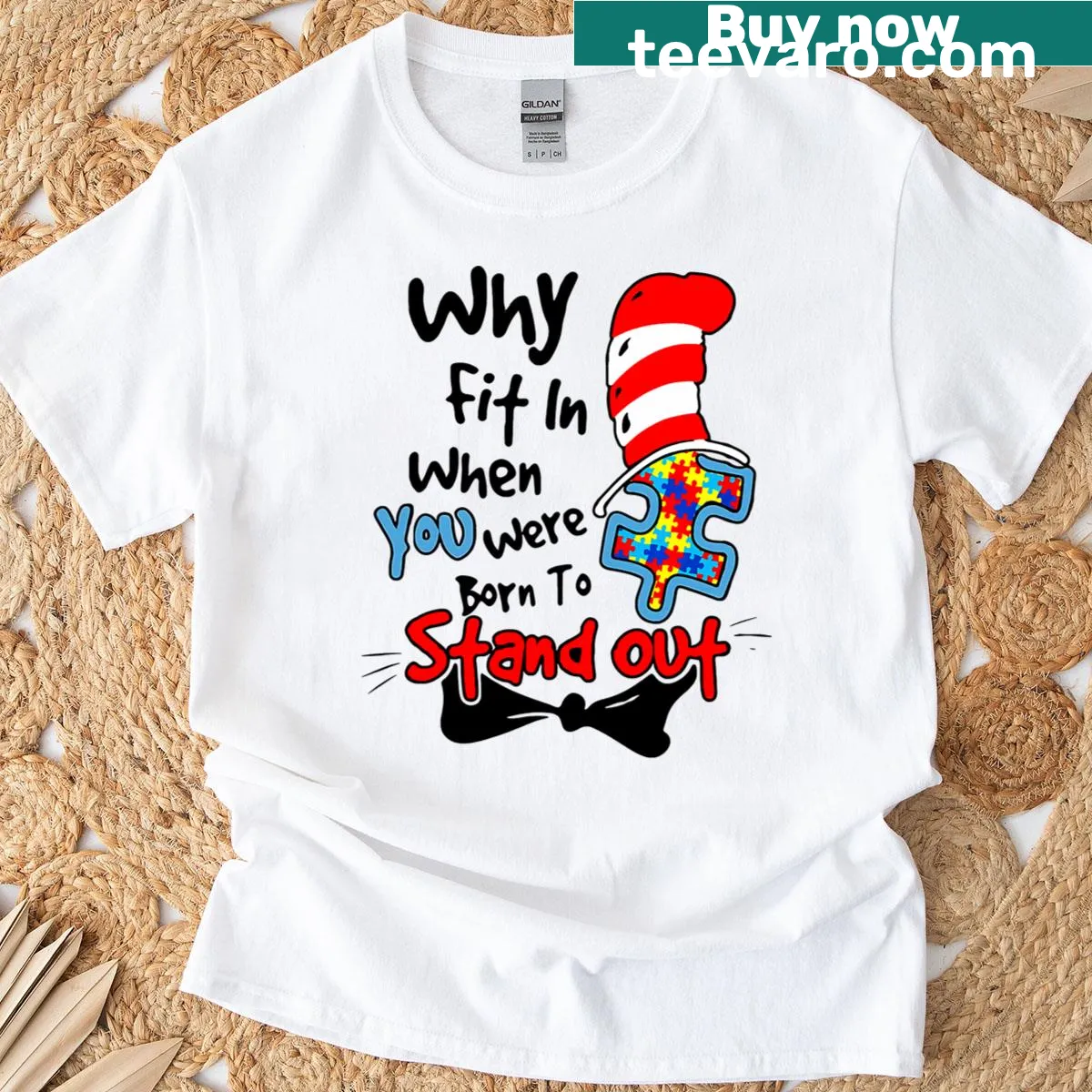 Playful T-shirt promoting autism awareness with Cat in the Hat reference — on a men's t-shirt