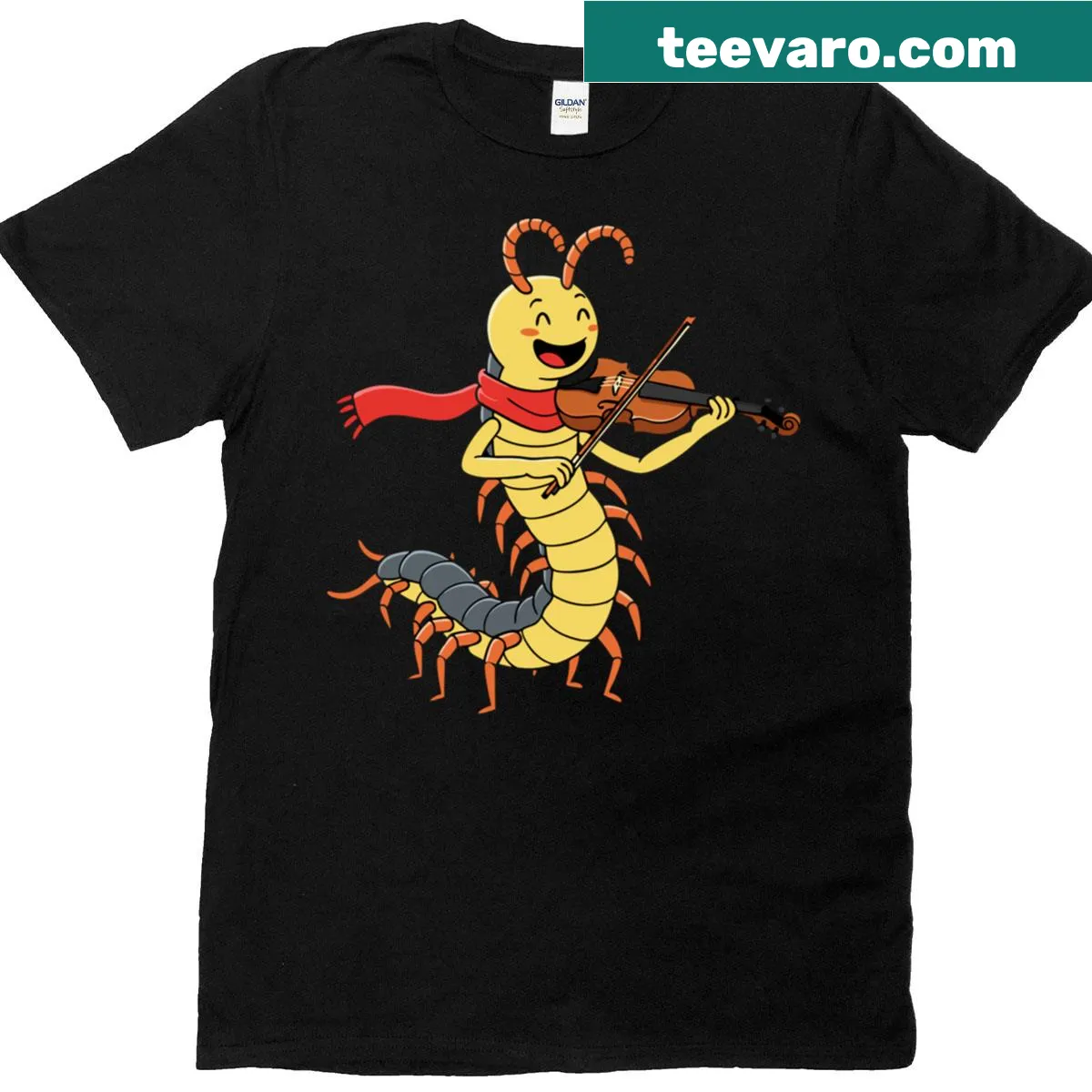 Whimsical T-shirt featuring a centipede playing the violin — on a men's t-shirt