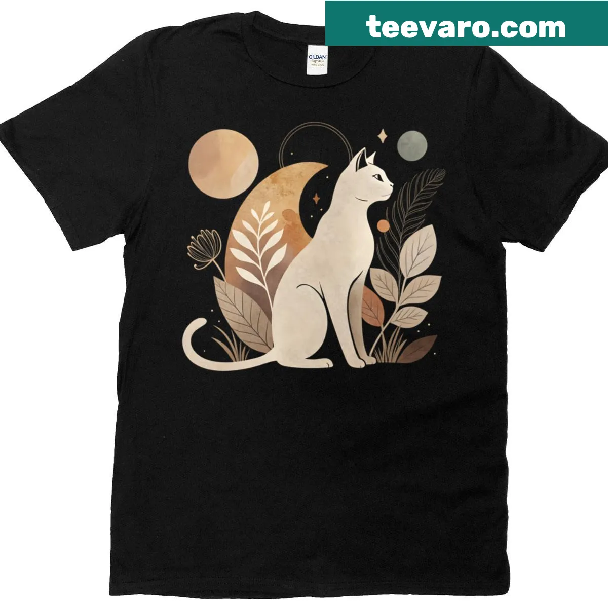 T-shirt featuring an abstract boho cat design with playful shapes — on a men's t-shirt