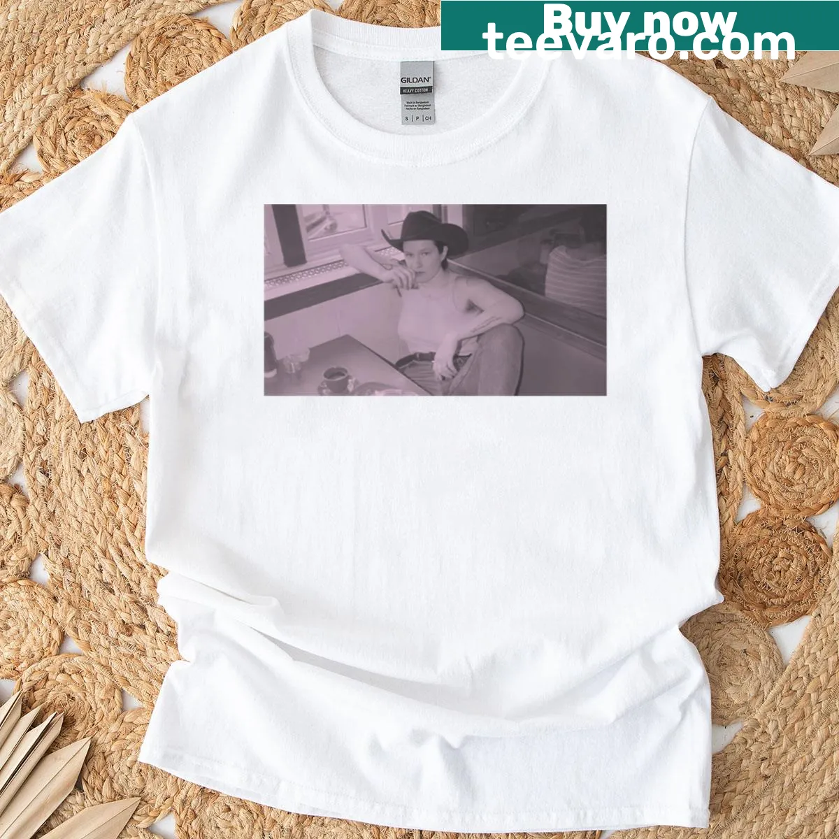 Illustrative T-shirt featuring Adrianne Lenker stickers and artistic designs. — on a men's t-shirt