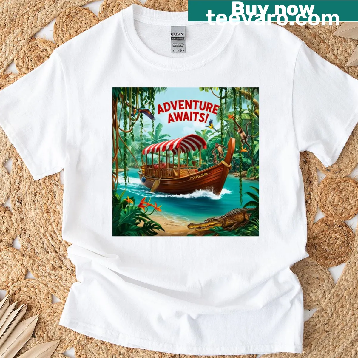 Inspirational Adventure Awaits typography on T-shirt — on a men's t-shirt