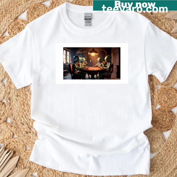 Cartoon alien poker game graphic on a humorous gaming T-shirt.