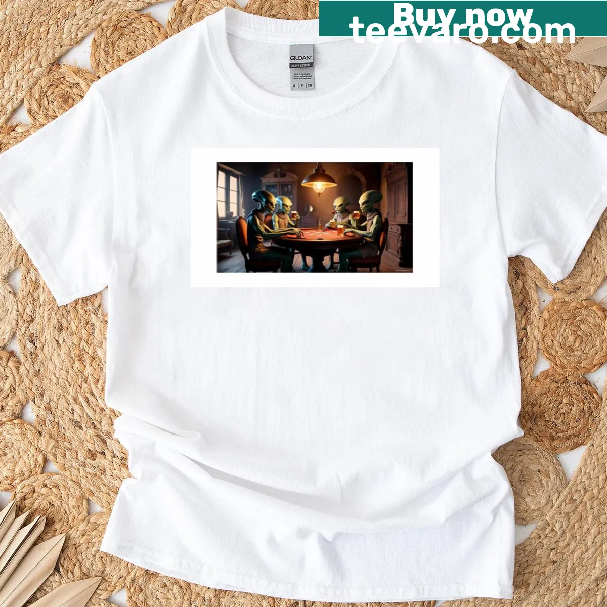 Cartoon alien poker game graphic on a humorous gaming T-shirt. — on a men's t-shirt