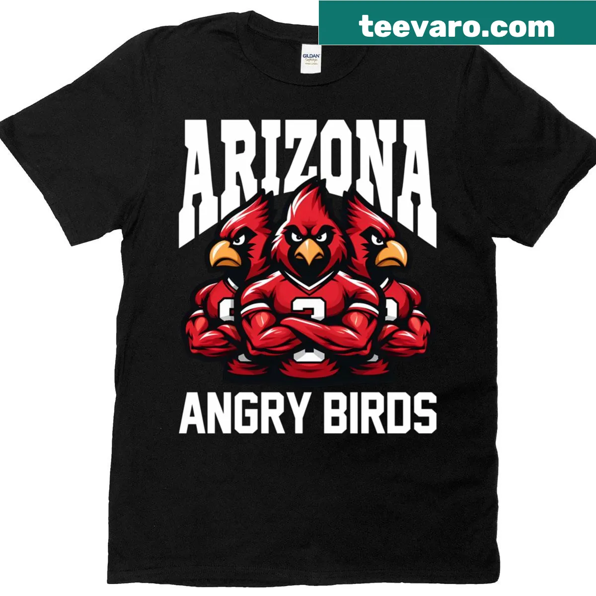 Playful Angry Birds Cardinals football T-shirt — on a men's t-shirt