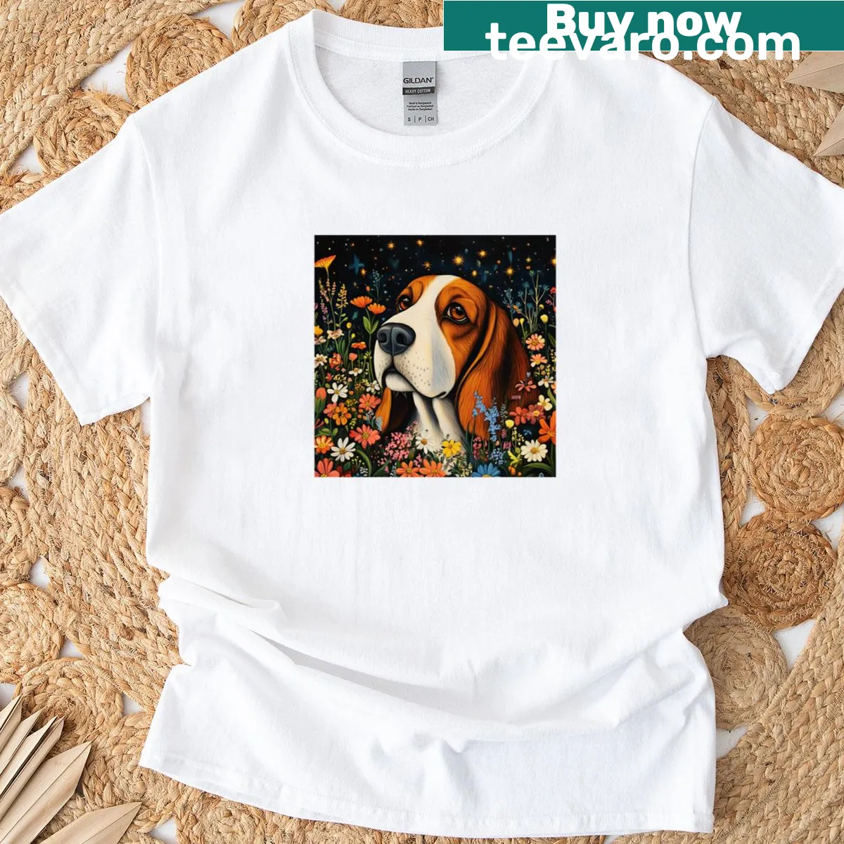 Illustration of a Basset Hound in a field of wildflowers on a t-shirt — on a men's t-shirt