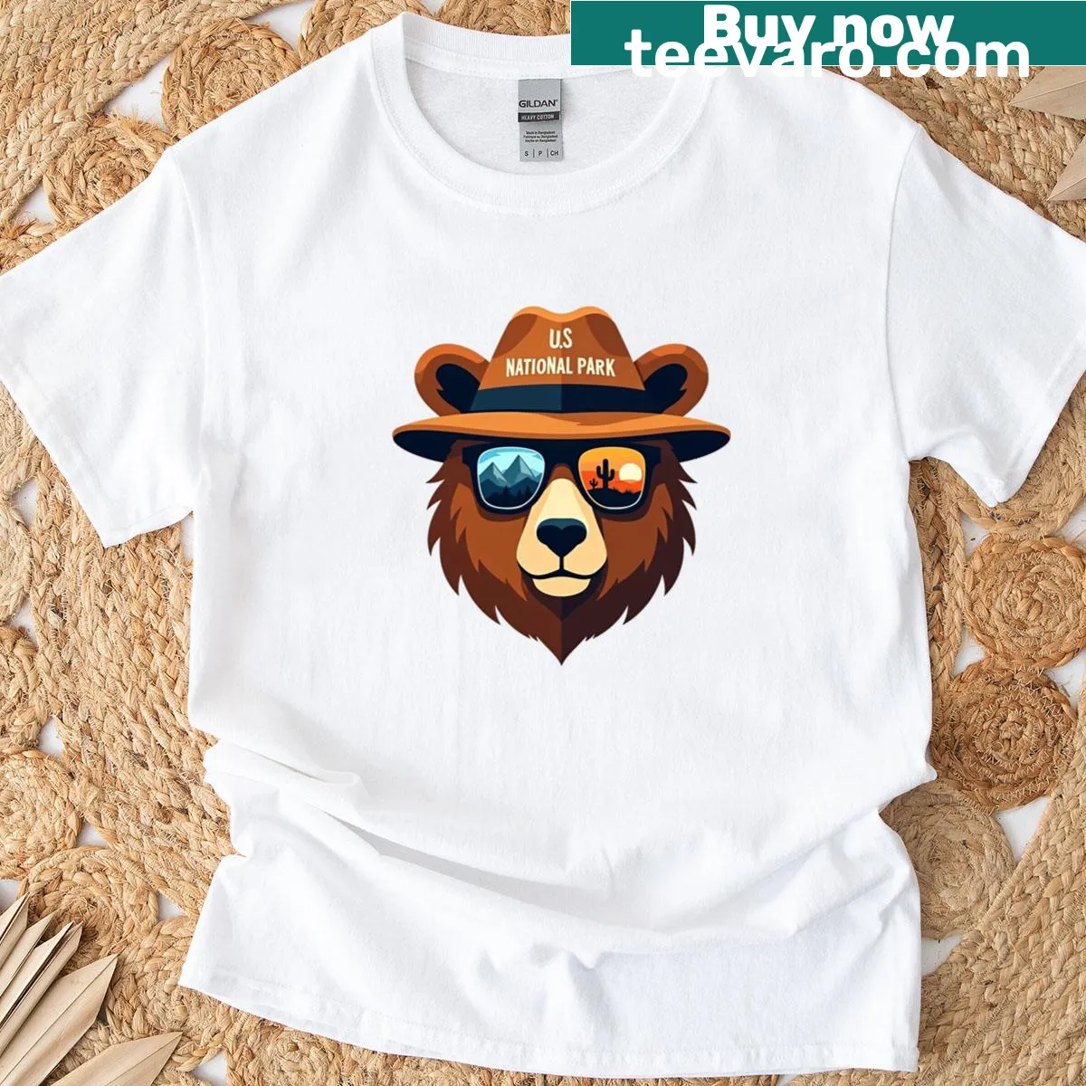 Retro design featuring mountains and wildlife promoting park conservation — on a men's t-shirt