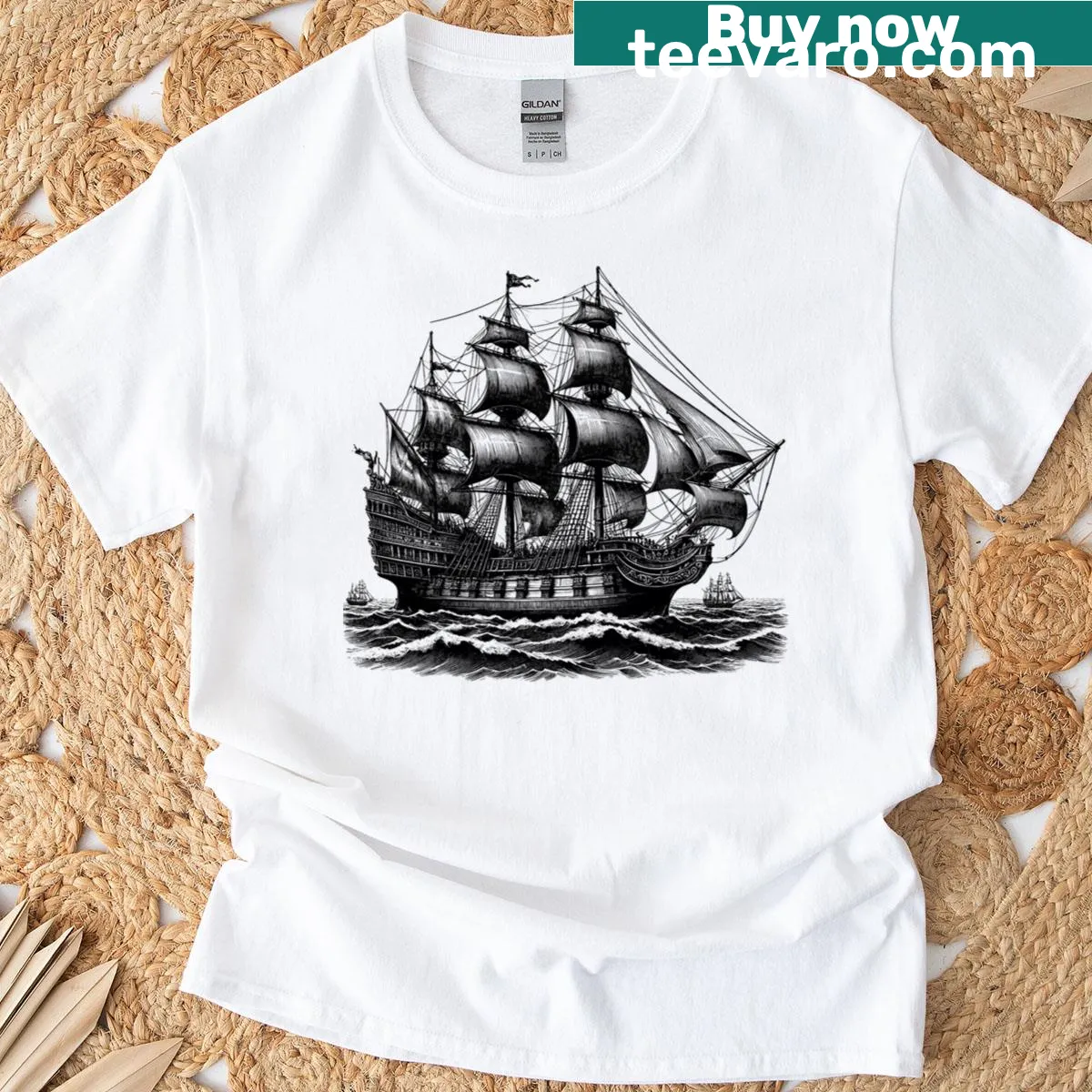 Illustration of beautiful old ships on a nautical-themed T-shirt — on a men's t-shirt