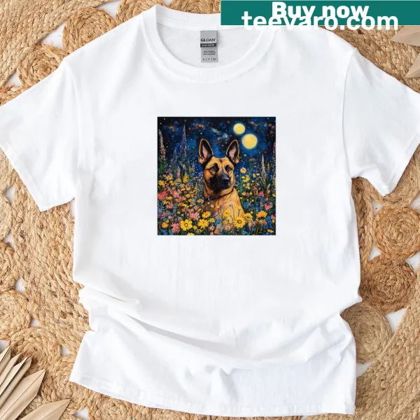 Belgian Malinois dog t-shirt featuring a pup among wildflowers