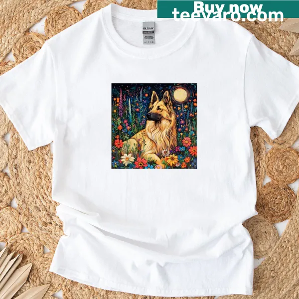 Belgian Tervuren dog t-shirt with a pup in wildflowers