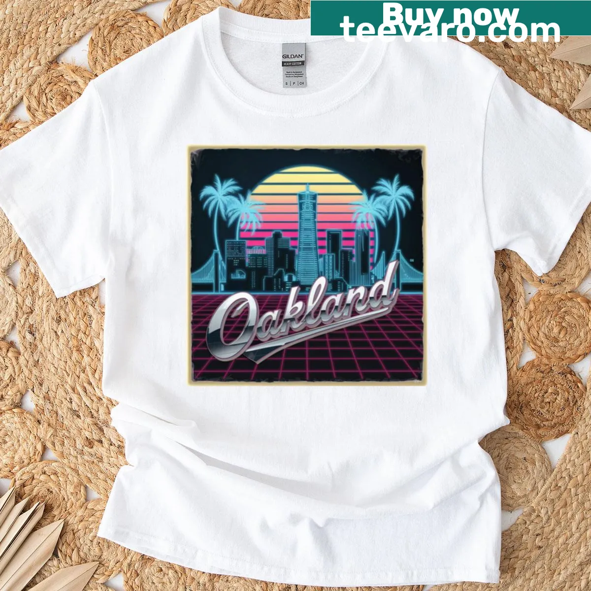 T-shirt with bold text celebrating Oakland and the Bay Area — on a men's t-shirt