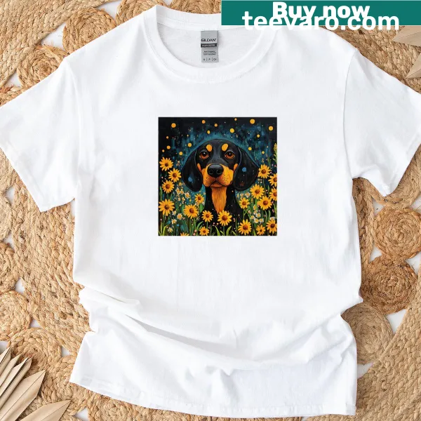 Black and Tan Coonhound surrounded by wildflowers on a t-shirt