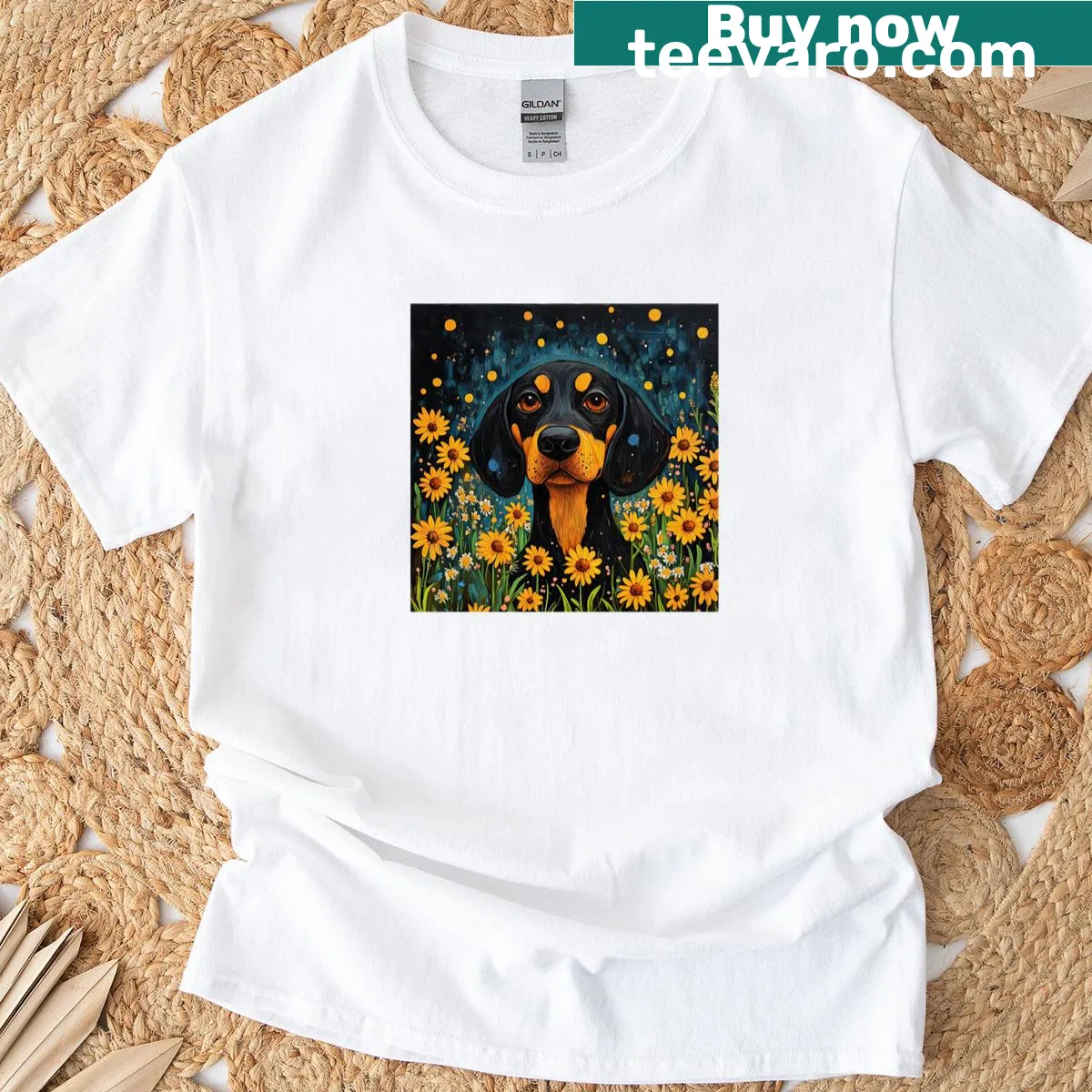 Black and Tan Coonhound surrounded by wildflowers on a t-shirt — on a men's t-shirt