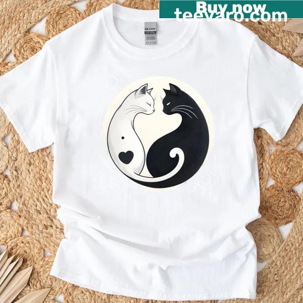 Yin Yang design featuring black and white cats on a t-shirt