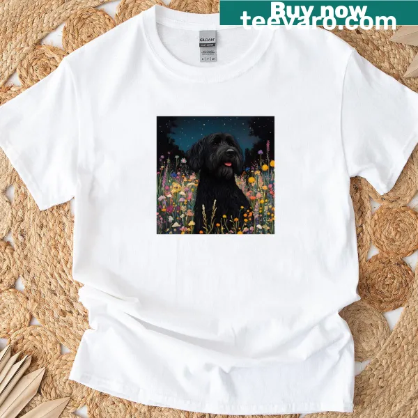 Illustration of a Black Russian Terrier among wildflowers on a T-shirt.