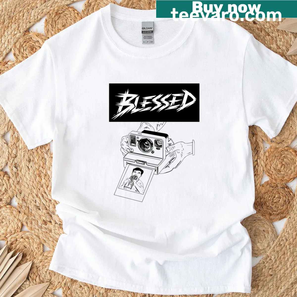 Stylish 'Blessed' text graphic on a T-shirt — on a men's t-shirt