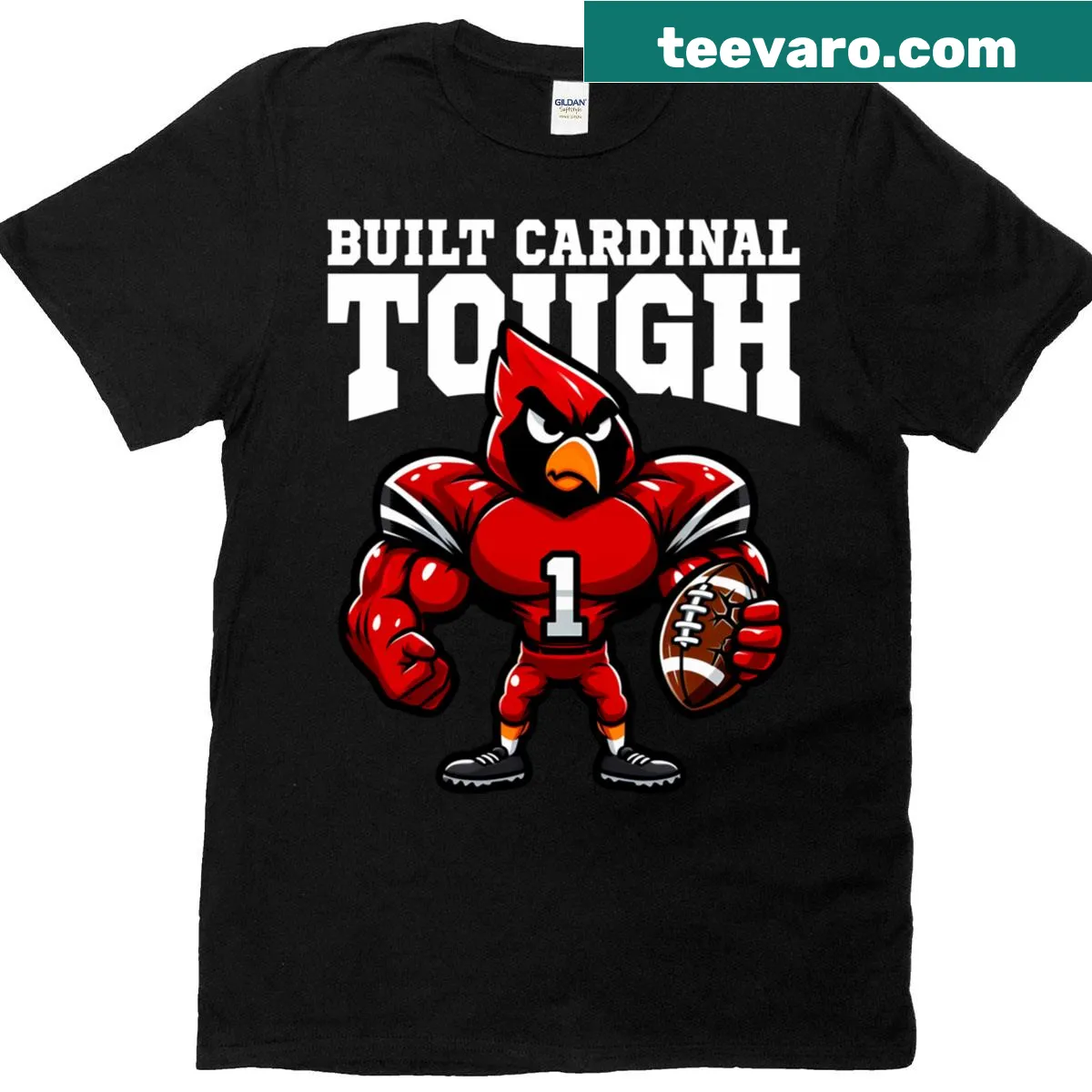 Built Cardinal Tough Cardinals Football T-shirt with bold team text — on a men's t-shirt