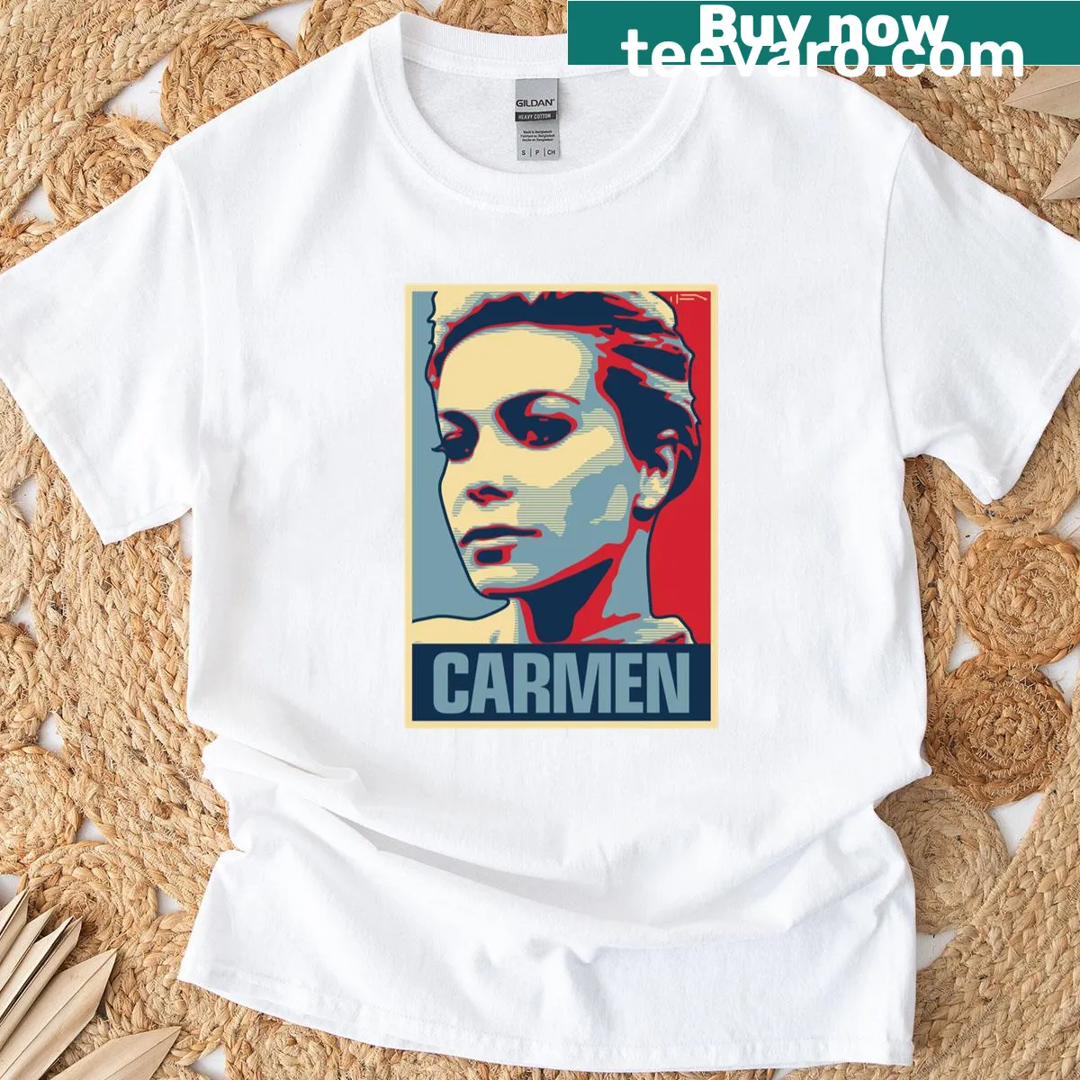 Typographic design featuring the word 'Carmen' — on a men's t-shirt